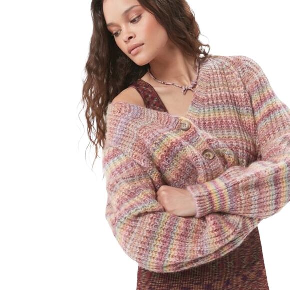 Urban Outfitters Hayley Button Front Cropped Cardigan Small Spacedye Rainbow - Picture 1 of 8